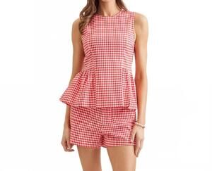 NEW STYLE USA gingham sleeveless peplum top in red